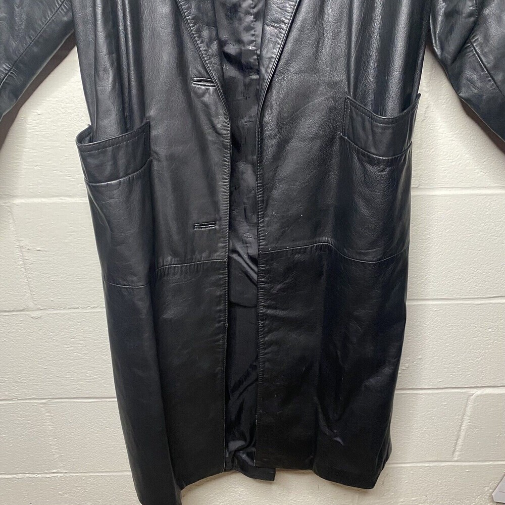 Vtg 80s EXPRESS Black Over Coat Long Trench Leather Jacket SZ ? Large Women - Picture 8 of 14